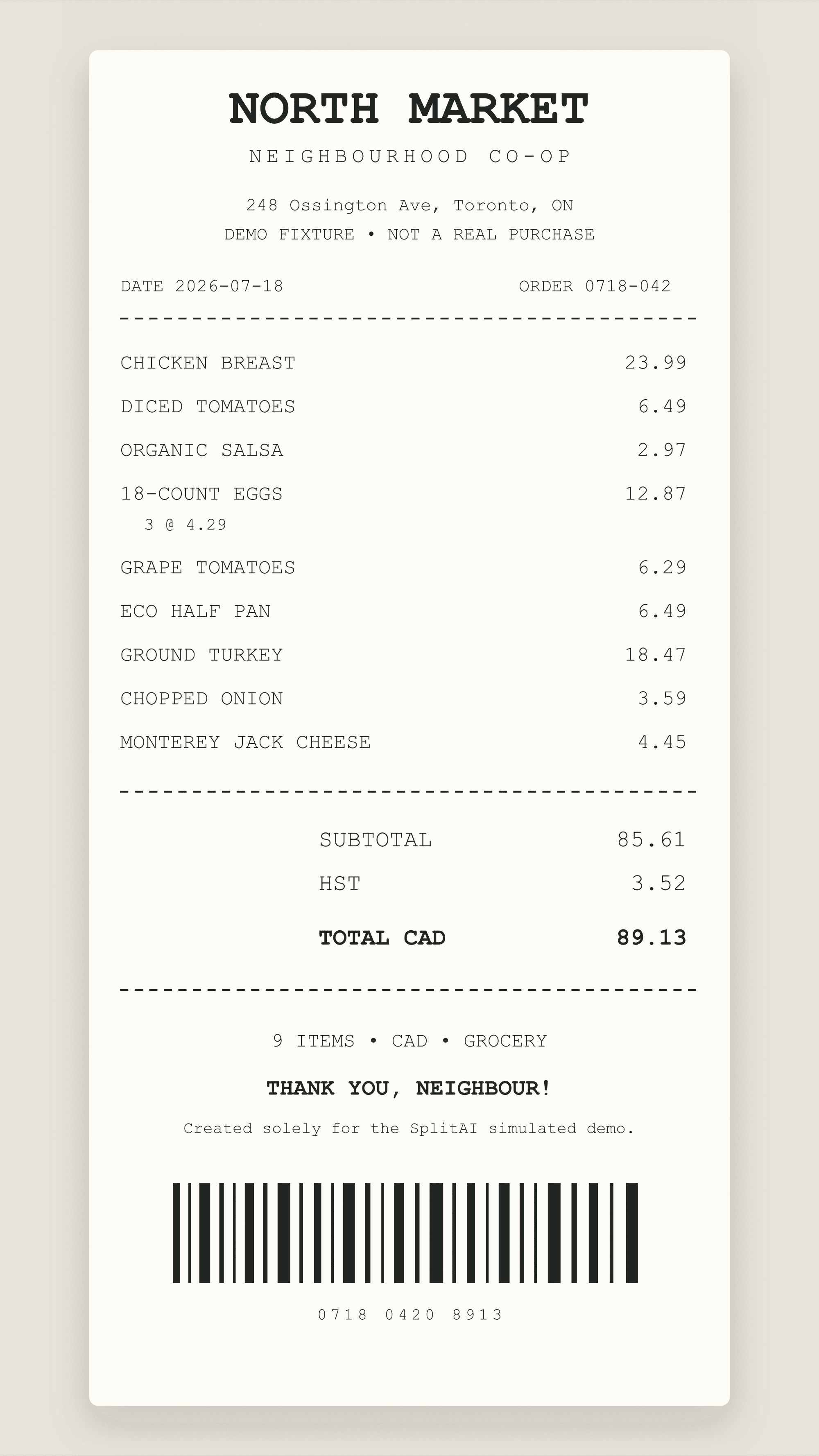North Market grocery receipt used for the demo
